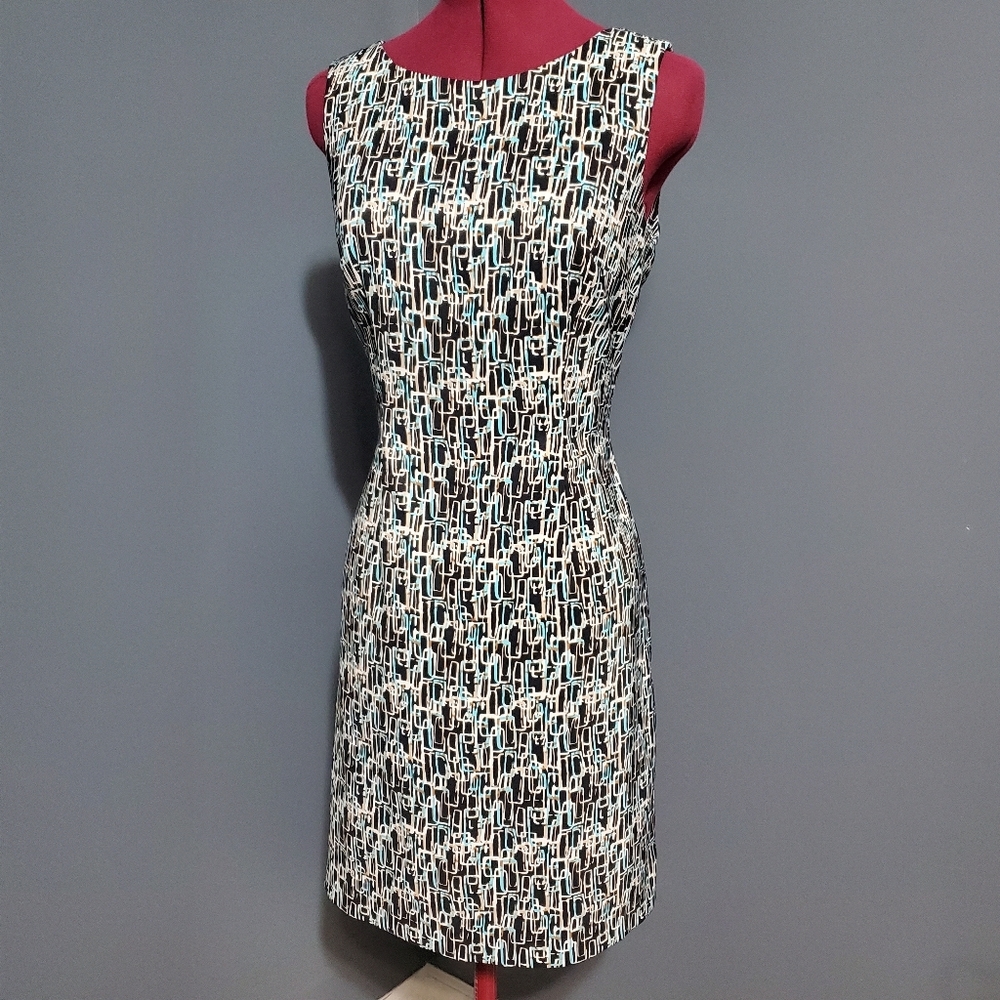 Connected Apparel Black White Teal Blue Sheath Dress Abstract Size 8